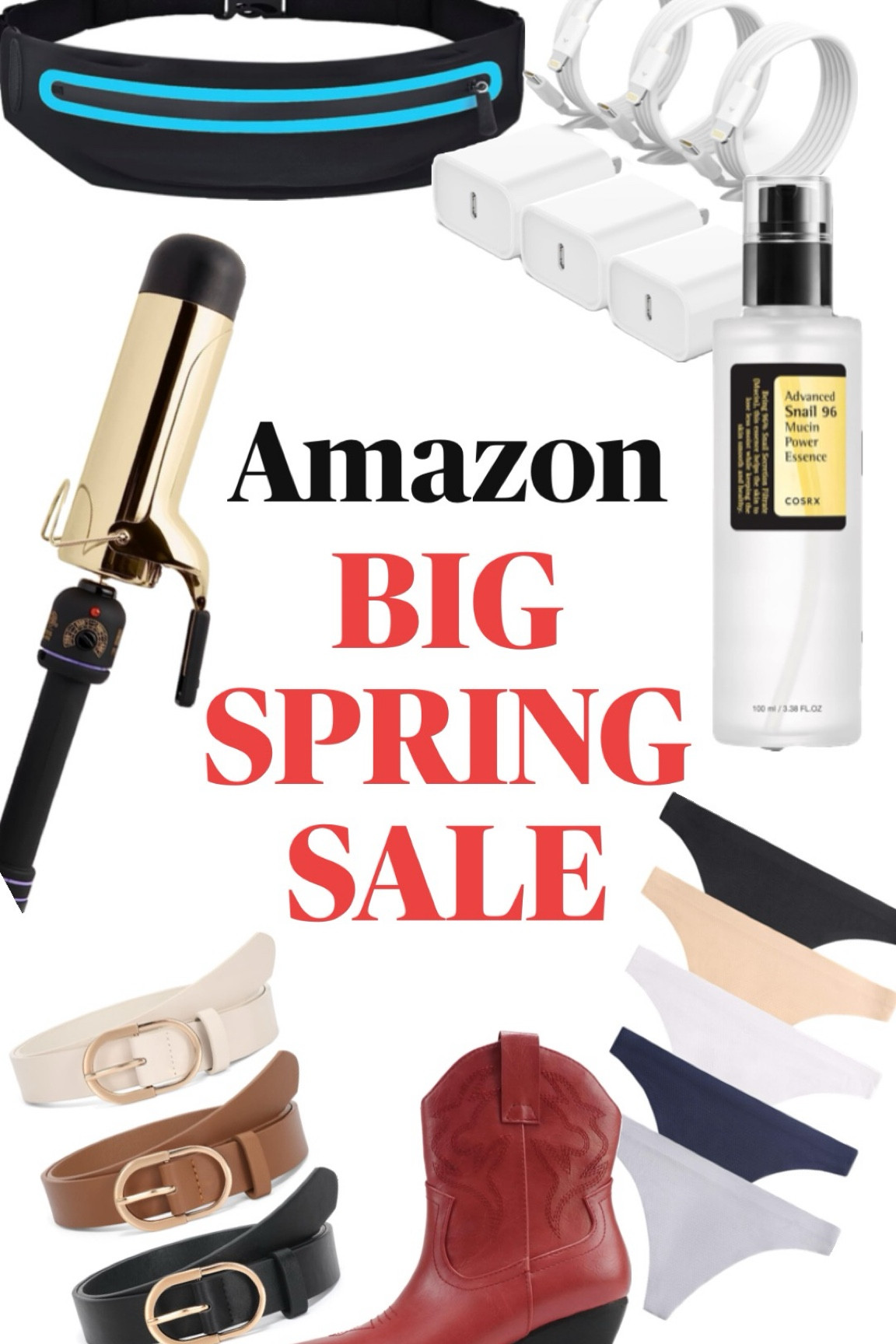 Amazon Big Spring Sale 

Curling iron, belts, cowgirl boots, red. Underwear, iPhone charger, running belt, snail mucin 

#LTKfitness #LTKstyletip #LTKfindsunder50