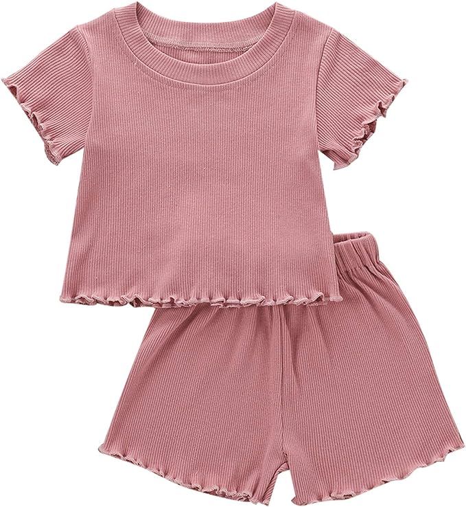 2Pcs Toddlers Baby Girls Summer Clothes Set Ruffle Ribbed Knit Short Sleeves T-Shirt Tops Shorts ... | Amazon (US)