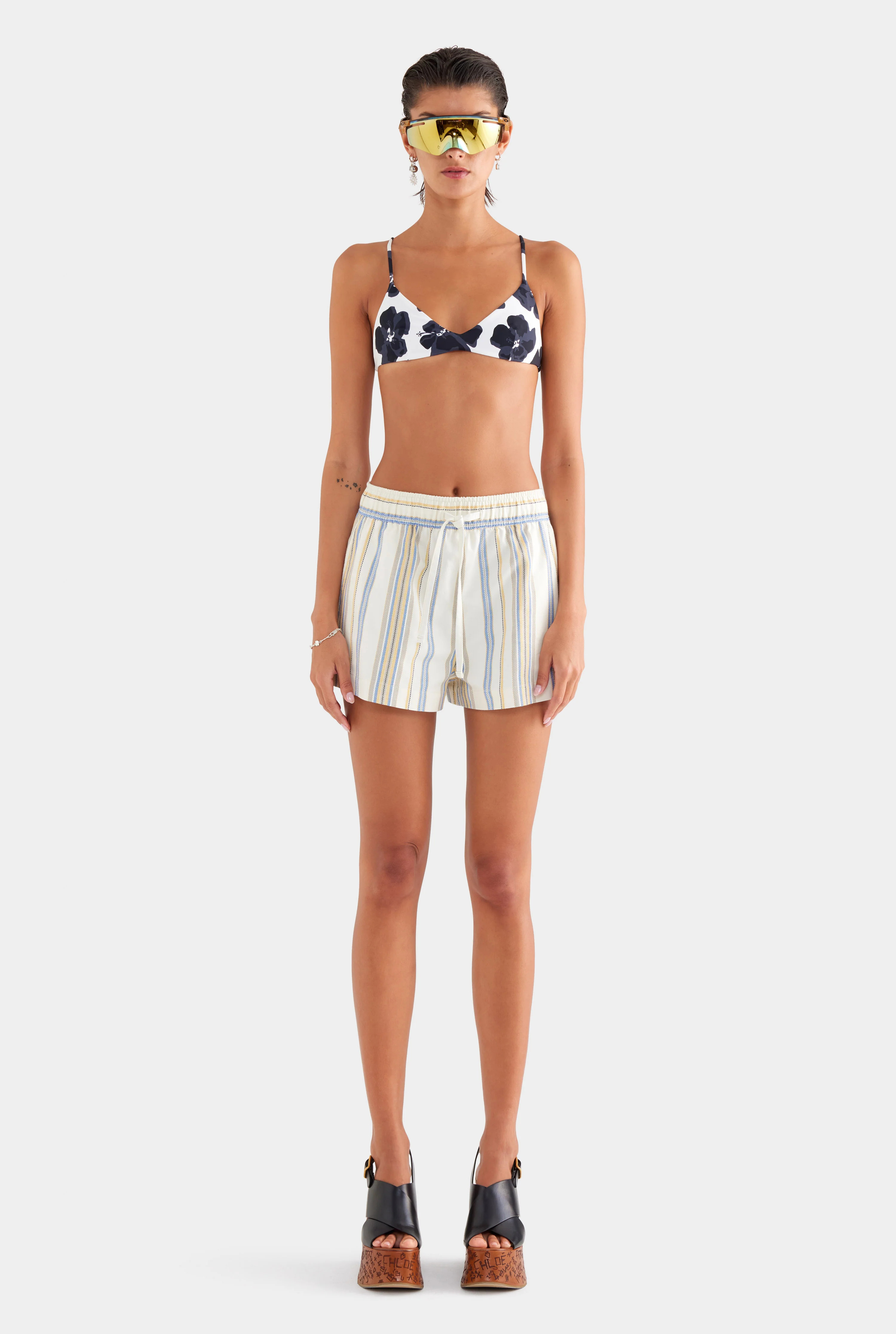 Womens High Waisted Woven Stripe Lounge Short in Print | Venroy | Venroy AU