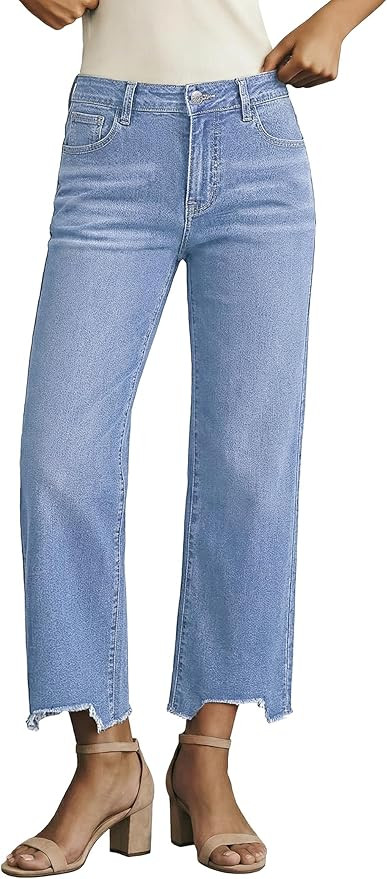 luvamia Straight Leg Jeans for Women Cropped Trendy Mid Rise Baggy Loose Distressed Casual Raw He... | Amazon (US)