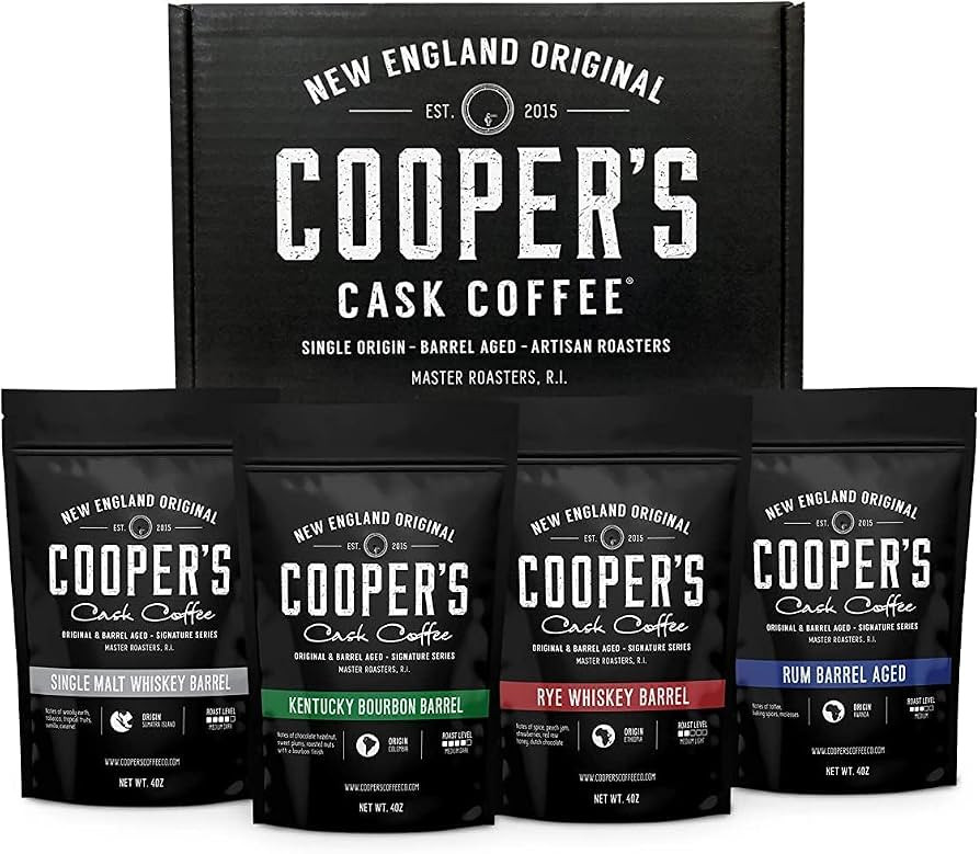 Bourbon & Whiskey Barrel Aged Coffee Box Set with Four Whole Bean Single Origin Coffees (Colombia... | Amazon (US)