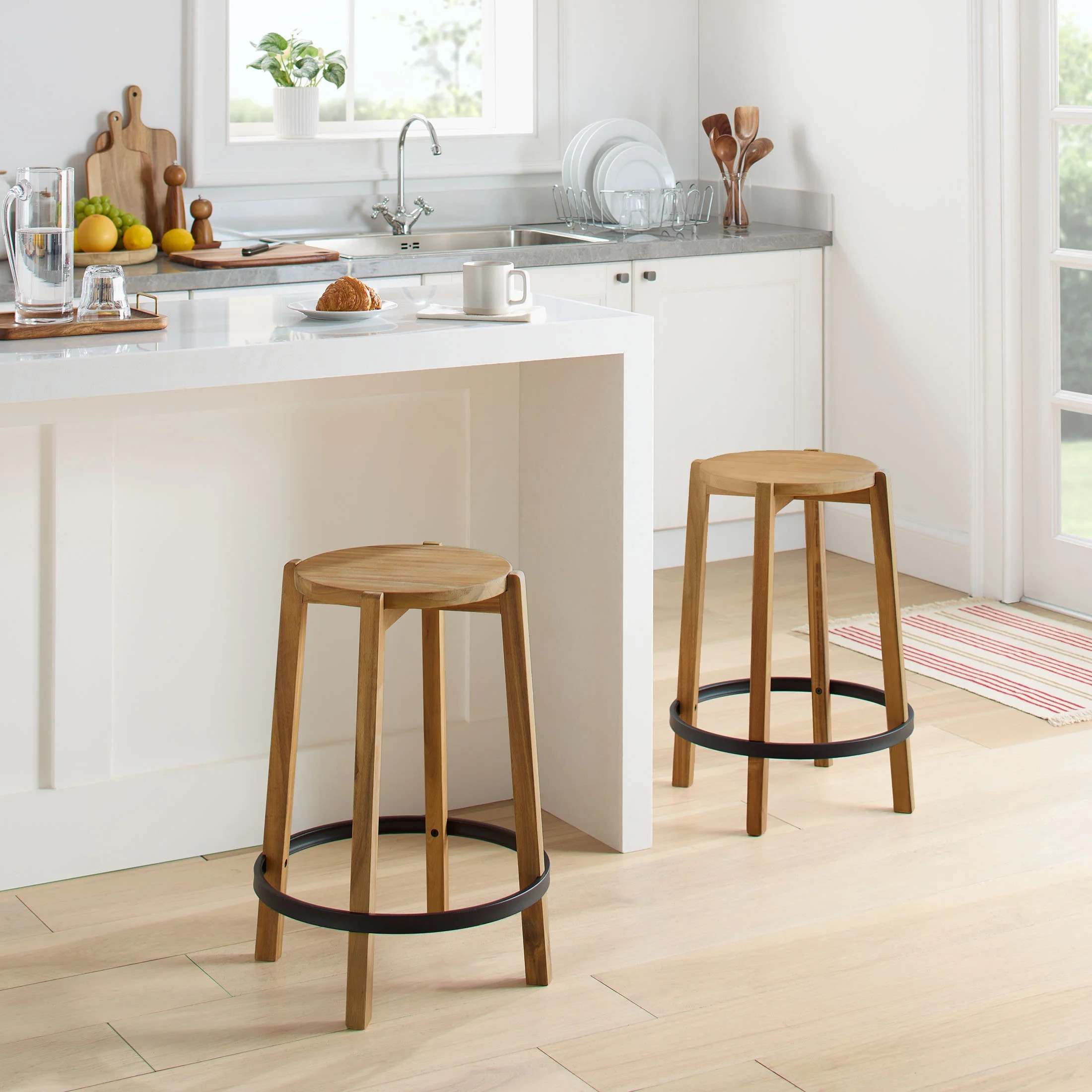 Mainstays 2-Pack Modern Wood Backless Indoor Counter Stool with Black Footring, 24"H | Walmart (US)