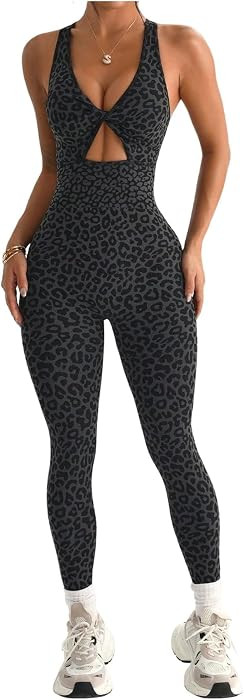 WDIRARA Women's Leopard Workout Jumpsuit Twist Cut Out V Neck Racerback Yoga Gym Shorts Romper | Amazon (US)