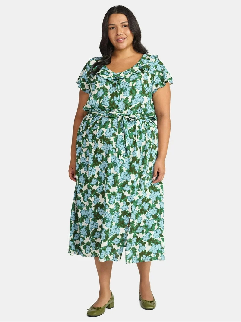 Time and Tru Women's and Women's Plus Ruffle Midi Dress with Flutter Sleeves, Sizes XS-4X | Walmart (US)