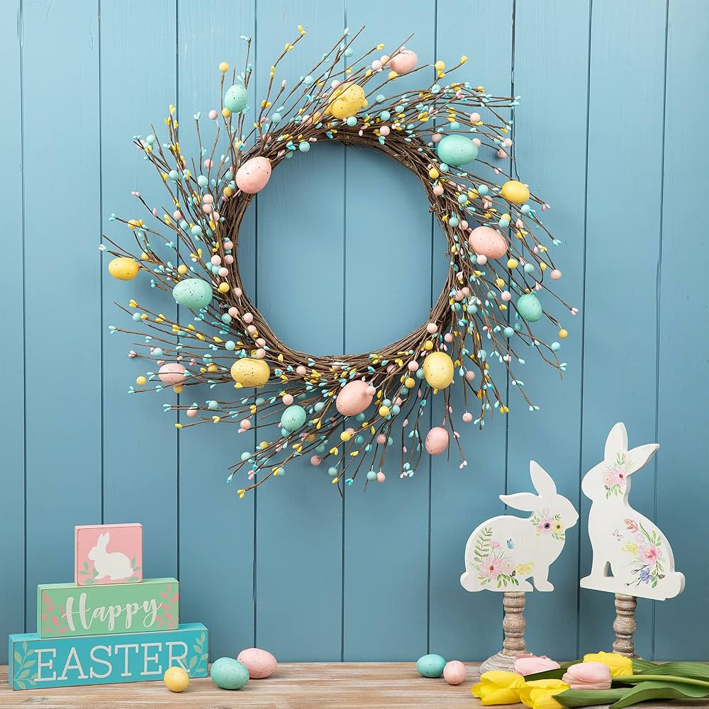 Glitzhome 22" D Easter Eggs Spring Wreath Easter Eggs & Berries Front Door Wall Decor Easter Garl... | Amazon (US)