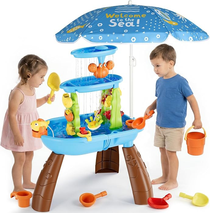 Kids Sand Water Table for Toddlers with Umbrella/Water Pumb, 3-Tier Outdoor Water Sand Play Table... | Amazon (US)