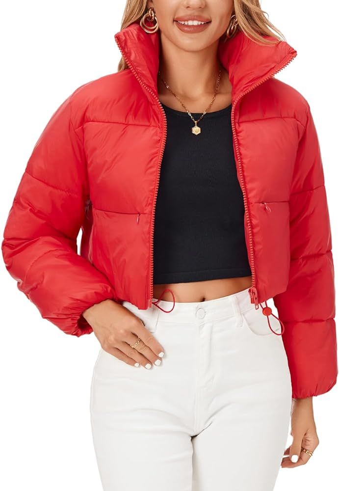 Fuinloth Women's Puffer Jacket, High Stand Collar Zip Pocket Crop Long Sleeve Coat | Amazon (US)