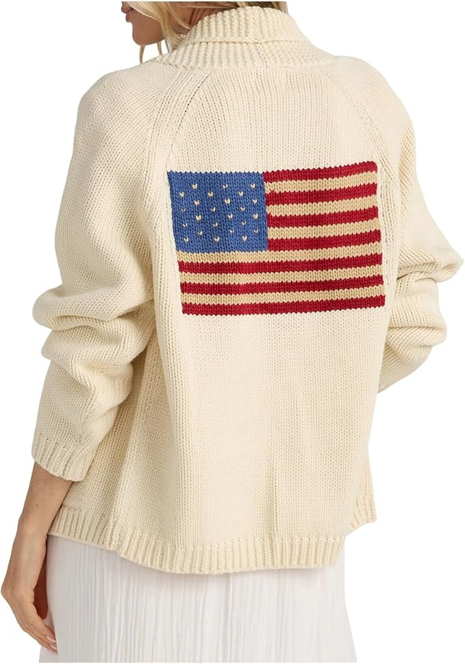 Women's American Flag Cardigan Long Sleeve Shawl Collar Button Down Fall Chunky Knit Varsity Swea... | Amazon (US)