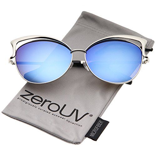 zeroUV - Women's Oversize Open Metal Frame Colored Mirror Lens Cat Eye Sunglasses 61mm (Silver / Blu | Amazon (US)