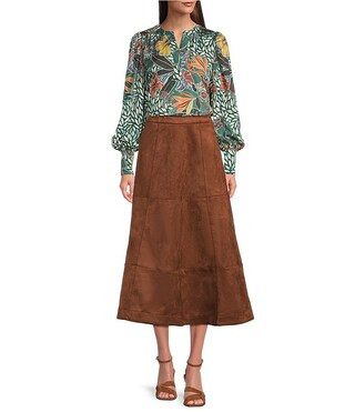 Gibson & Latimer Faux Suede High Rise A-Line Flounce Midi Skirt | Dillard's | Dillard's