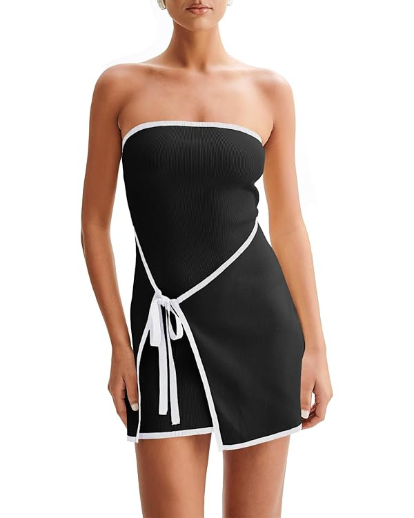 Wenrine Womens Sexy Tube Top Dress Strapless Self Tie Wrap Asymmetrical Hem Knit Summer Party Min... | Amazon (US)