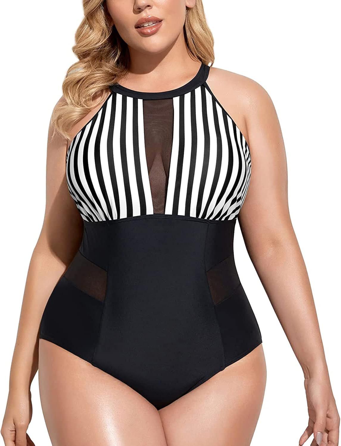 Daci Plus Size One Piece Swimsuit for Women High Neck Plunge Mesh Cut Out Bathing Suits | Amazon (US)