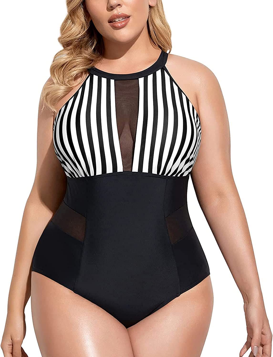 Daci Plus Size One Piece Swimsuit for Women High Neck Plunge Mesh Cut Out Bathing Suits | Amazon (US)