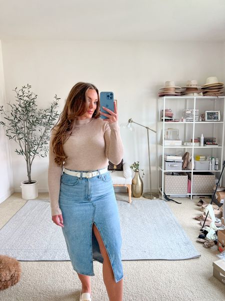 My denim midi skirt is back in stock! I love how it fits! If curvy, be sure to size up! 

Turtlenexk is super soft and under $10!
Comes in a lot of color! 

Franco Sarto slingback are insanely comfortable!


#LTKmidsize #LTKSale #LTKSeasonal