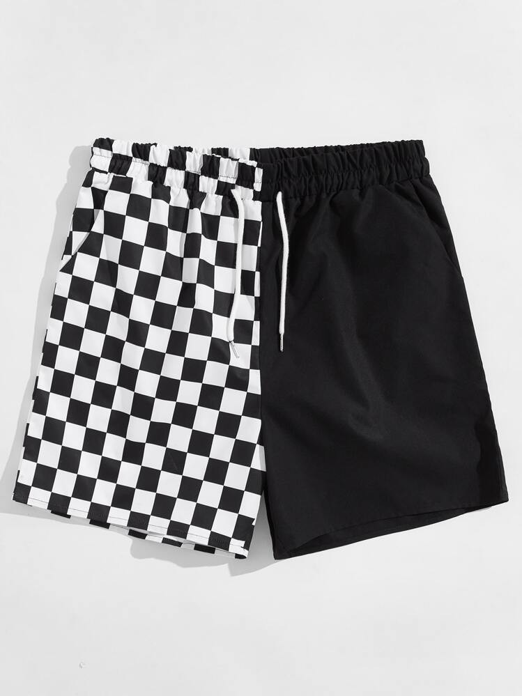 ROMWE MEN Prep Men Contrast Checkerboard Drawstring Shorts, School | SHEIN