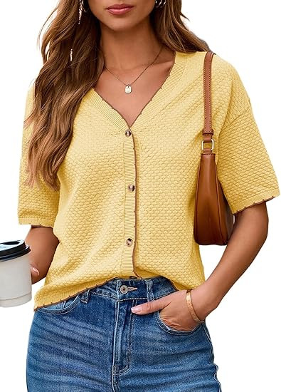 Dokotoo Womens Summer Knit Tops 2026 Textured Button Down Shirts Casual V Neck Short Sleeve Cotto... | Amazon (US)