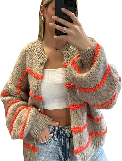 QIBABU Womens Striped Cardigan Sweaters Casual Open Front Long Sleeve Button Down Knit Outwear | Amazon (US)