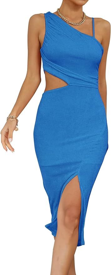 LYANER Women's One Shoulder Ruched Cut Out Split Slit Hem Sleeveless Bodycon Tank Midi Dress | Amazon (US)