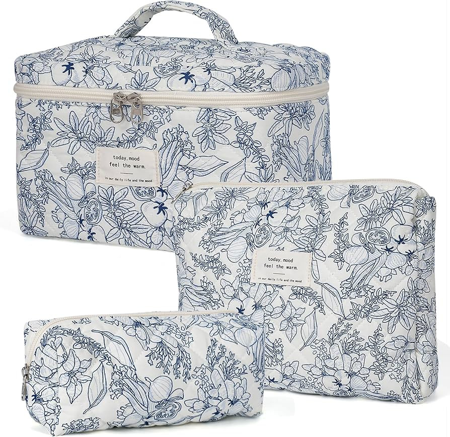 Makeup Bag,Quilted Cosmetic Bag,Large Floral Make Up Bag for Women,Cotton Makeup Bag Set,Flower T... | Amazon (US)