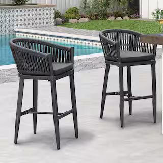 PURPLE LEAF Modern Aluminum PE Rattan Bar Height Outdoor Bar Stool with Back and Grey Cushion (2-... | The Home Depot
