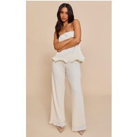 Petite Cream Plisse Frill Edge Wide Leg Pants | PrettyLittleThing US