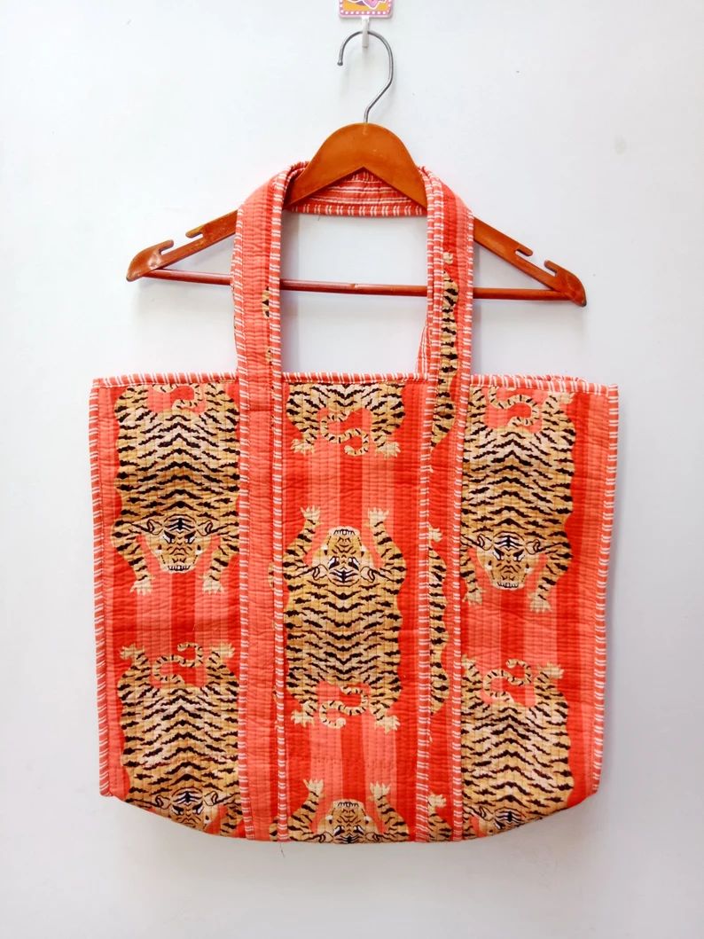 Handmade Quilted Tote Shopping Bag, Tiger Print Cotton Market Bag, Jhola Bag Hippie Bag, Market B... | Etsy (US)