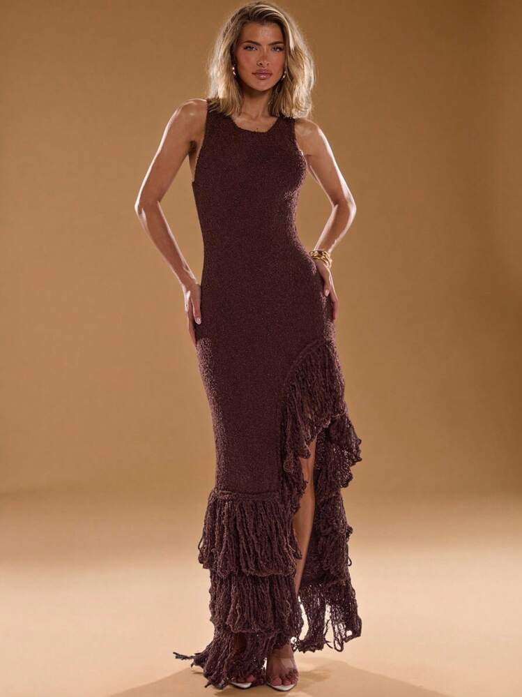 SHEIN BAE Sleeveless Asymmetrical Tassel Knit Dress For Women/Brown Sweater Dress,Island Vacation... | SHEIN