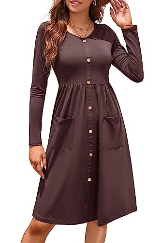 OUGES Womens Fall Long Sleeve Midi Dresses Button Down V Neck Skater Dress with Pockets 2023(Coffee325,XXL) | Amazon (US)