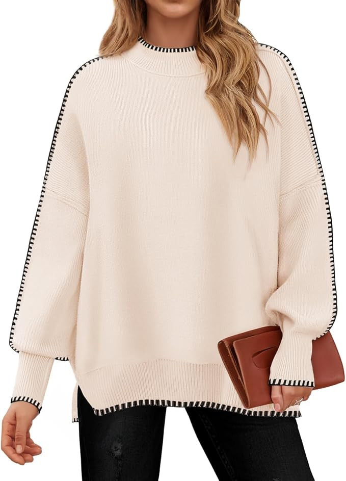 ZESICA Women's Striped Sweaters 2024 Casual Long Sleeve Mock Neck Contrast Color Comfy Loose Knit... | Amazon (US)