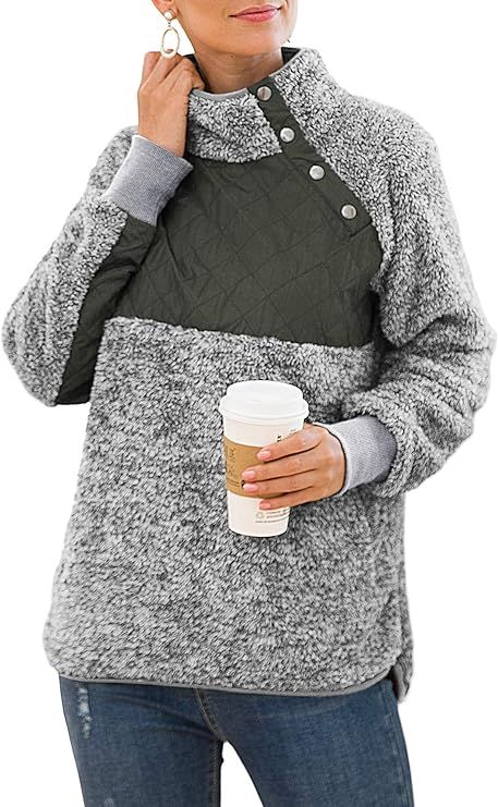 VIISHOW Women's Long Sleeves Quilt Coat Turtleneck Oblique Button Neck Fleece Pullover Coat Sweat... | Amazon (US)