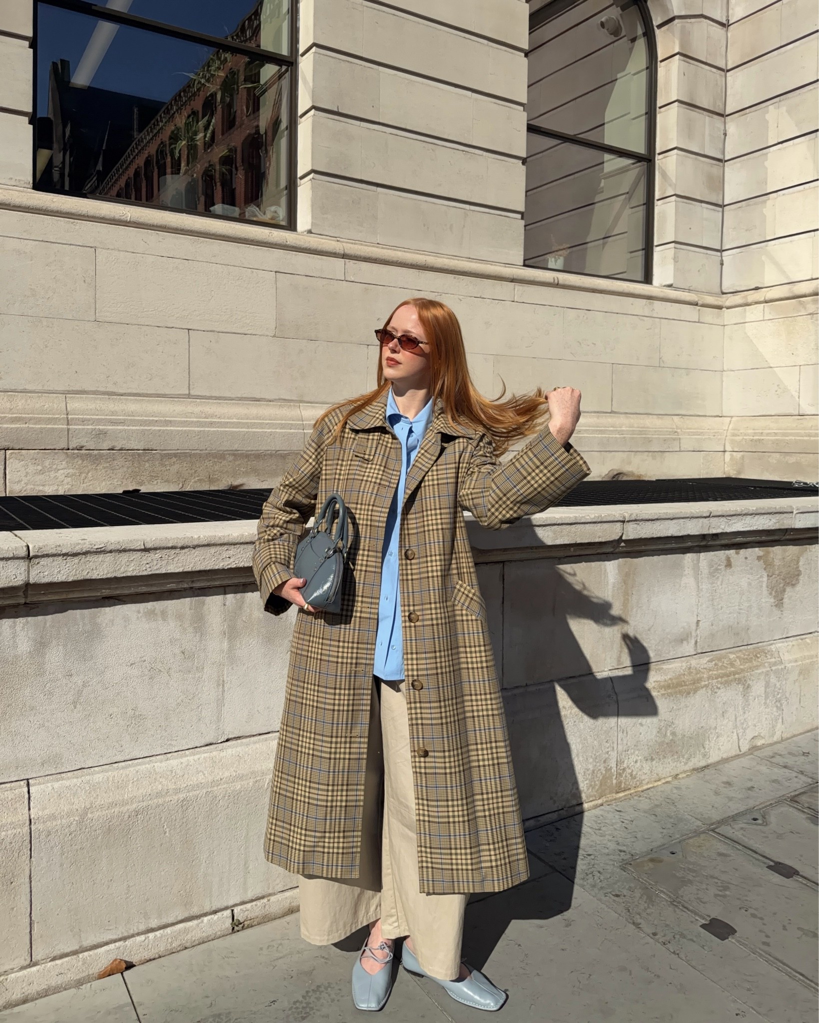 Check Coat, Sezane Coat, Trench Coat, Blue Shirt, Cropped Trousers, Barrel Leg, Beige Trousers, Alohas, Blue Ballet Flat

#LTKuk #LTKautumn #LTKeurope