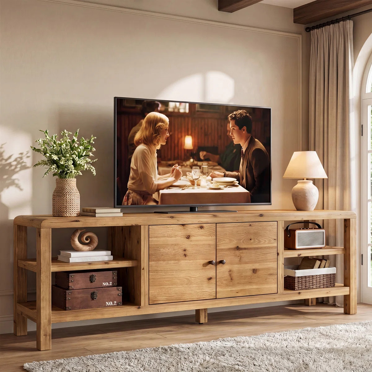 71" Solid Wood Tv Stand With Open Shelves, Rustic Farmhouse Entertainment Center For Living Room,... | Wayfair North America
