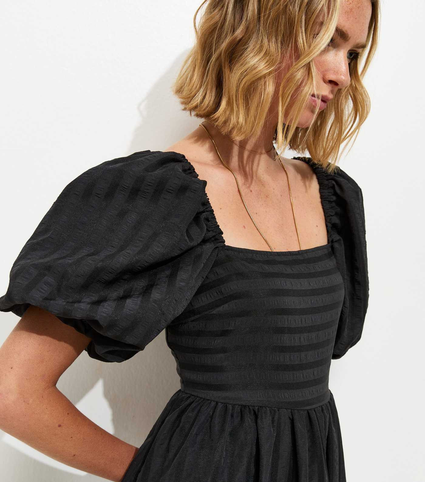 Black Puff Sleeve Striped Midi Dress | New Look | New Look (UK)