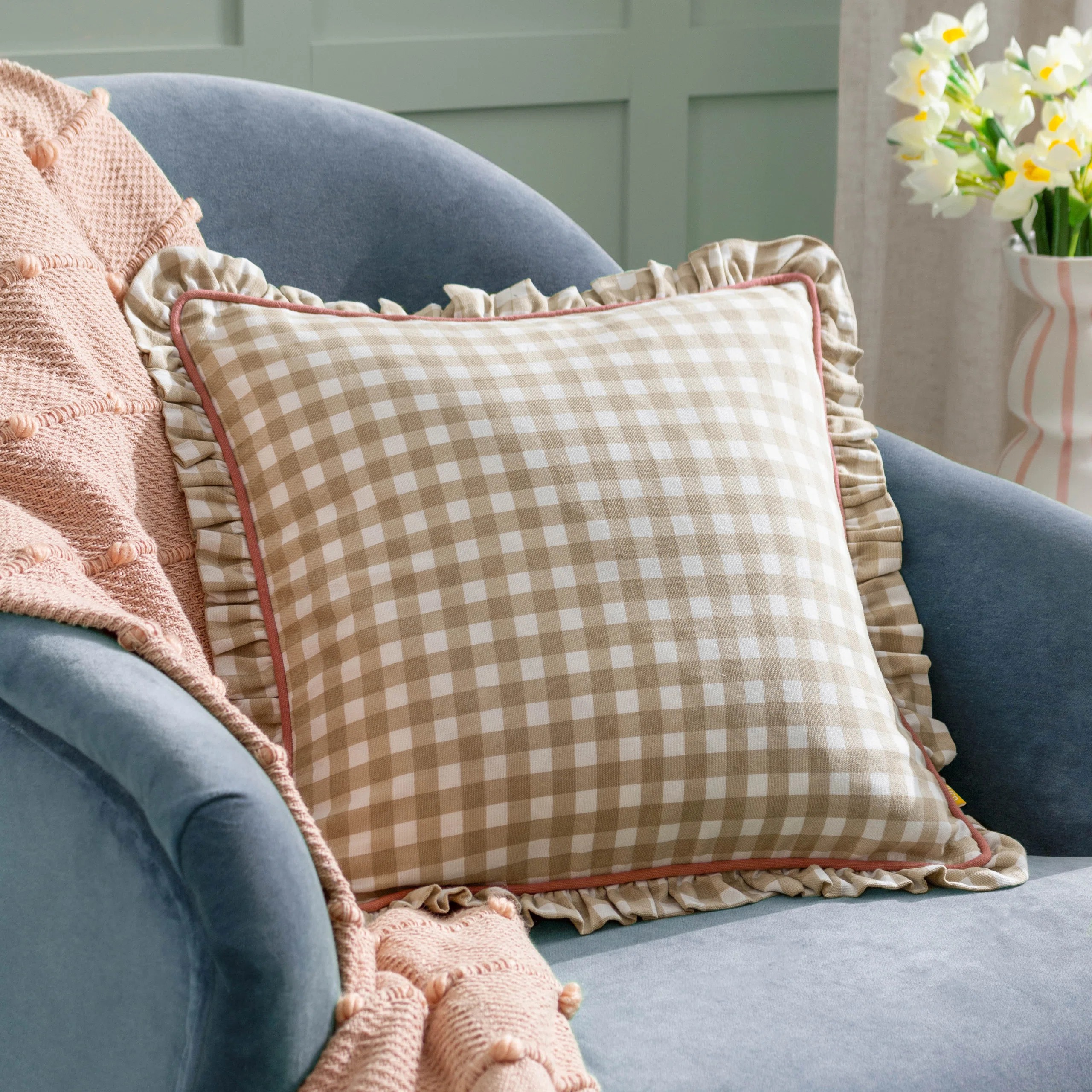 Maude Gingham Cotton Piped Cushion | Wayfair UK
