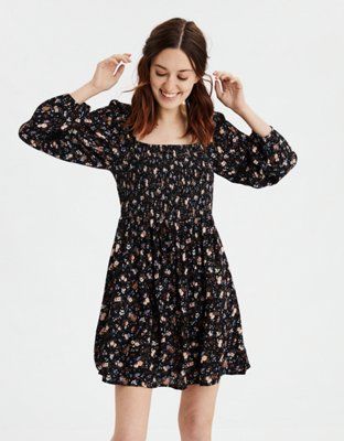 AE Smocked Long Sleeve Dress | American Eagle Outfitters (US & CA)