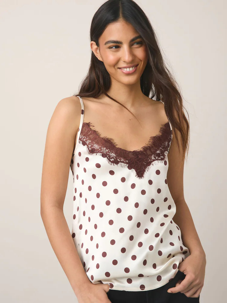 Cream/Chocolate Brown Polka Dot Lace Trim Cami Top | Next US