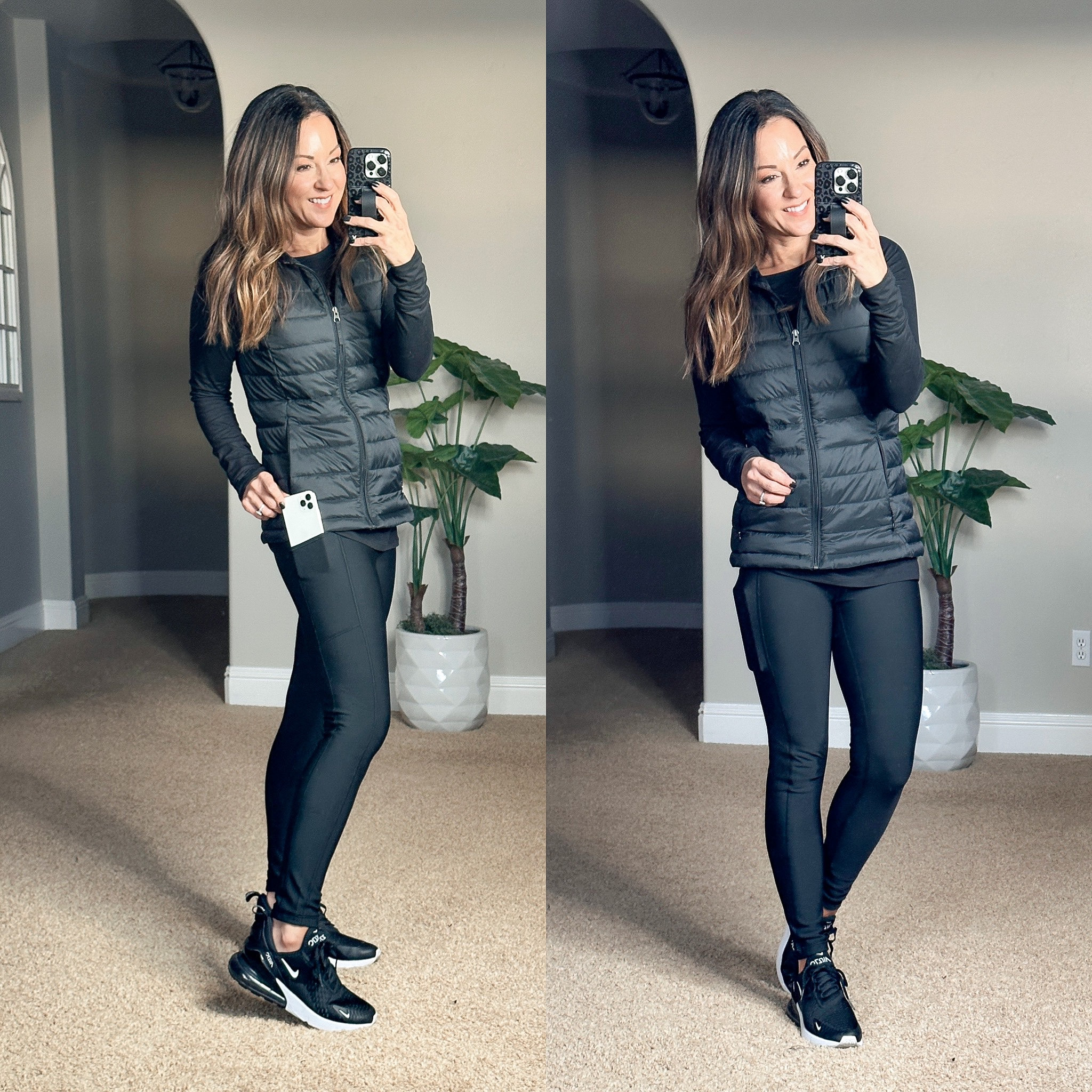Winter fleece lined leggings with pockets!  Petite friendly & longer length options with pockets and without.  I am wearing the 24" and 25" options (xs).  Long sleeve brushed tech tee with thumbholes xs, puffer vest xs. Nike airmax go up a 1/2 size.  

#LTKfit #LTKstyletip #LTKunder50