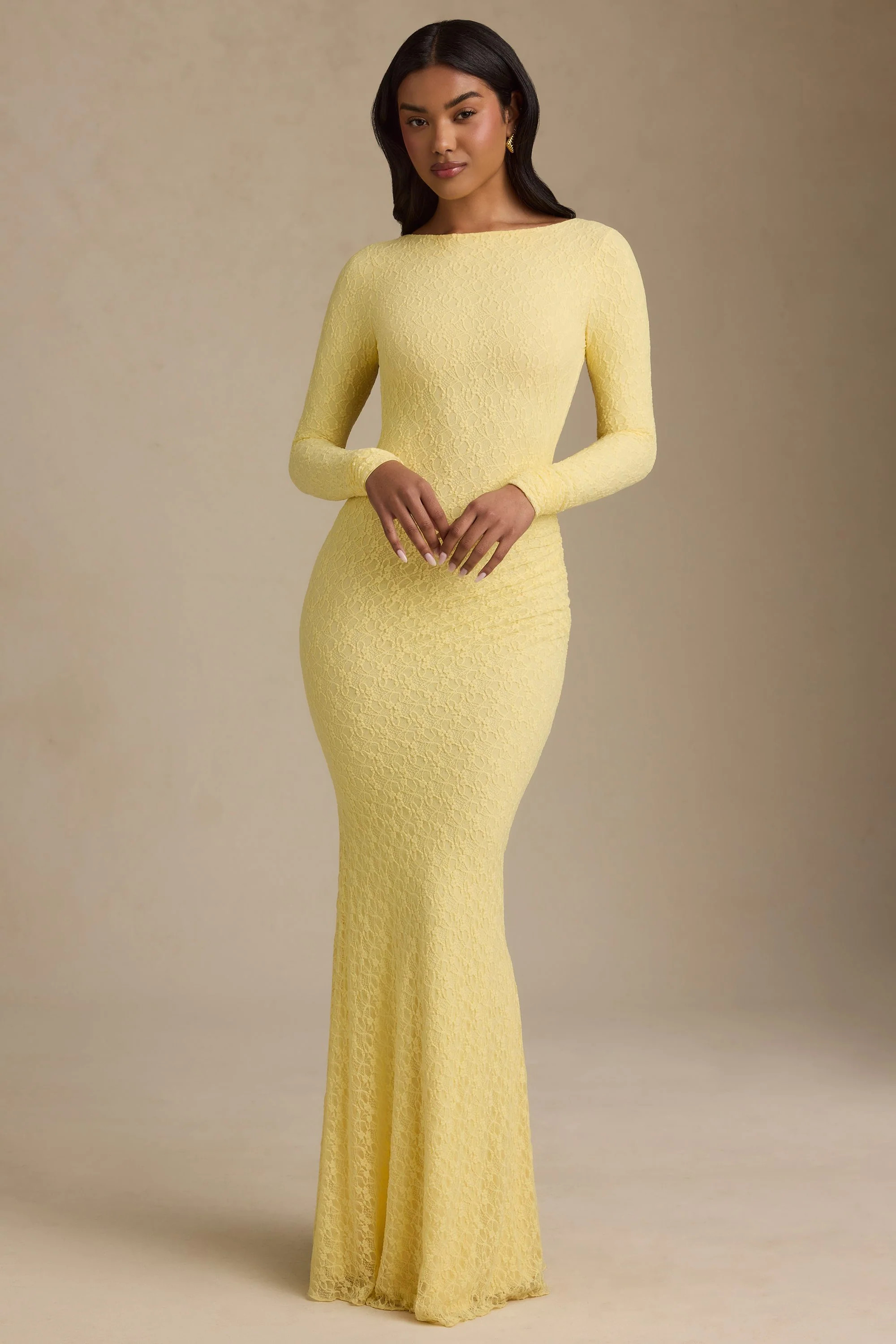 Ruched Backless Lace Maxi Dress in Pastel Yellow | Oh Polly