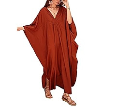 Bsubseach Women Solid Color Cover Up V Neck Batwing Sleeve Plus Size Beach Kaftan Dresses | Amazon (US)