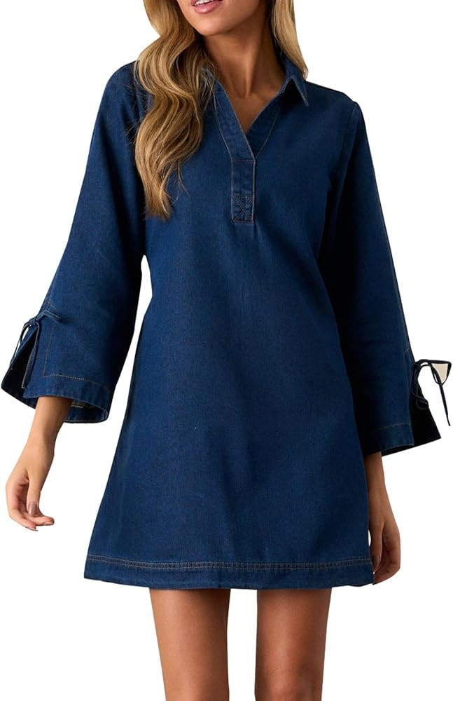 Womens Denim Shirt Dress Collared V Neck Bell Long Sleeve Mini Casual A-line Jean Dresses with Bo... | Amazon (US)