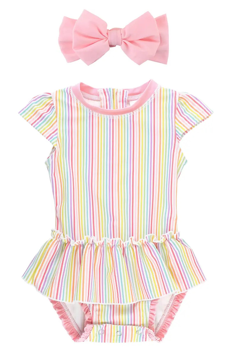 RuffleButts Rainbow Stripe One-Piece Swimsuit & Headband Set | Nordstrom | Nordstrom