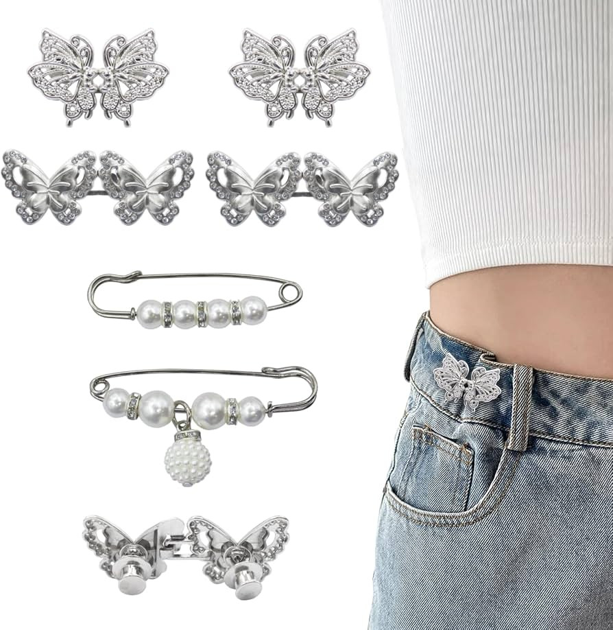 6 Set Pant Waist Tightener Butterfly Buttons Pins for Loose Jeans Reusable Waist Cincher Clip Pea... | Amazon (US)