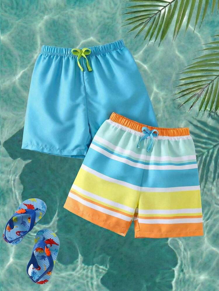 SHEIN Kids 2pcs Tween Boys Casual Striped Elastic Waist Swimwear Toddler Boy Clothes Toddler Suit... | SHEIN