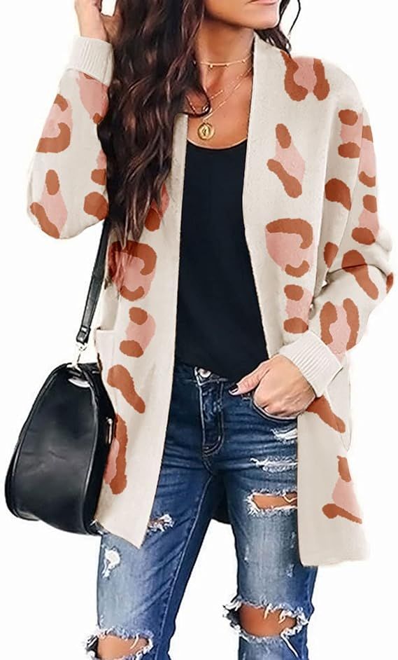 MEROKEETY Women's Open Front Leopard Knit Cardigan Sweaters Long Sleeve Outwear | Amazon (US)