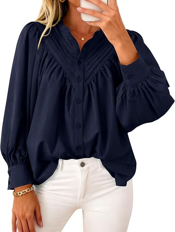 KIRUNDO Blouses for Women Dressy Casual Fashion Clothing Long Sleeve Shirts Loose Fit Button Down... | Amazon (US)