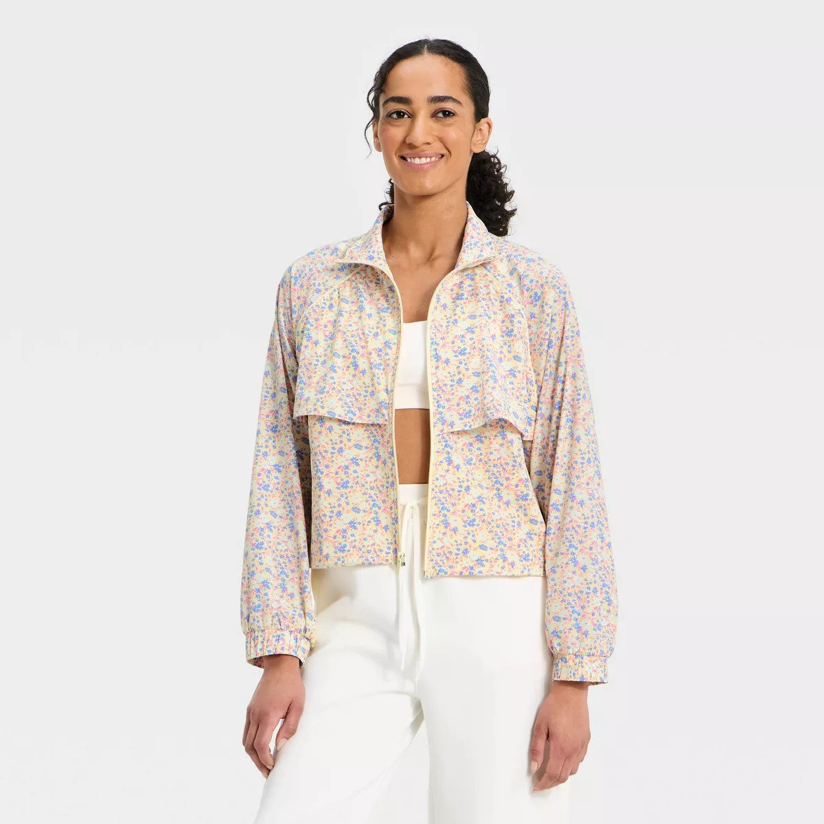 Women's  Lightweight Run Windbreaker Jacket - All In Motion™ Yellow Floral Print XS | Target