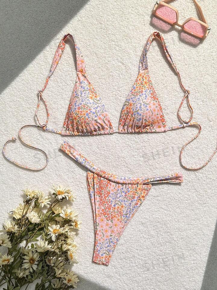 SHEIN Swim Vcay Ladies Vacation Ditsy Floral Sexy Bikini Set, Random Print,Summer Beach | SHEIN