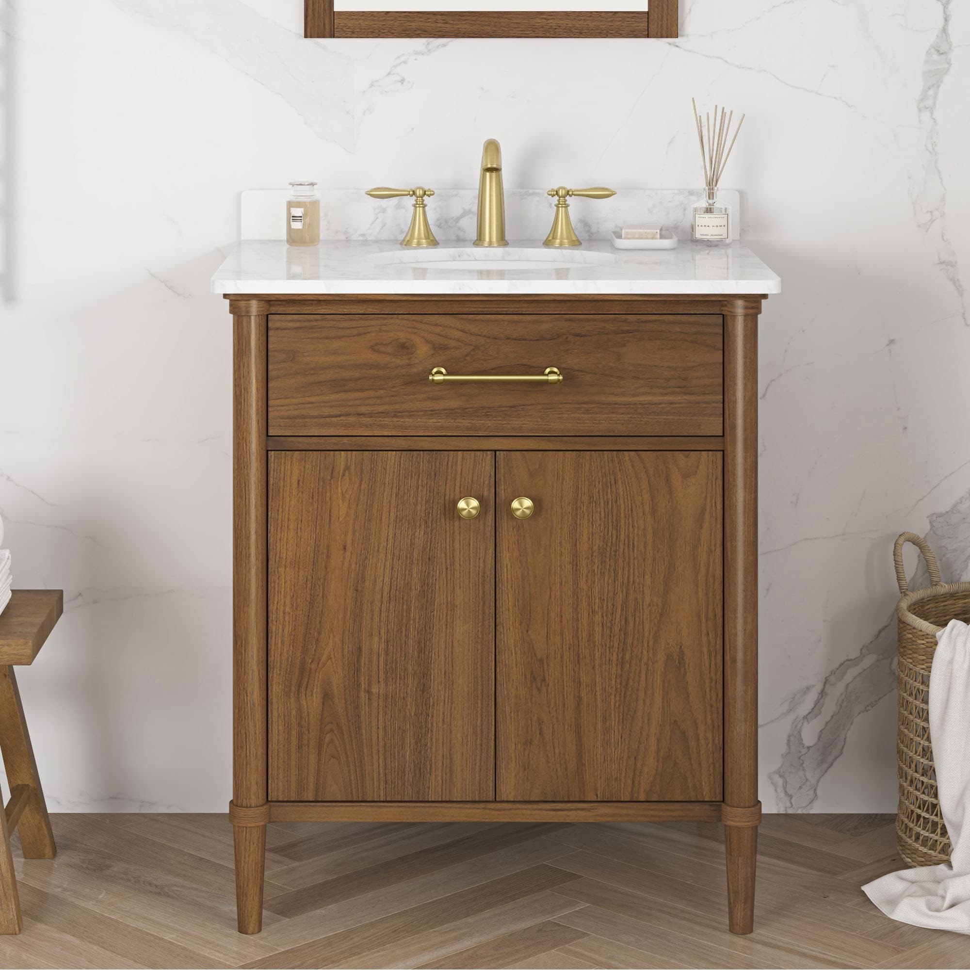 allen + roth Rian 30-in Golden walnut Undermount Single Sink Bathroom Vanity with White Engineered Stone Top (Fully Assembled) Marble in Brown | Lowe's
