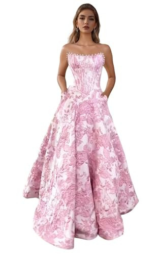 Fair Lady Prom Dresses with Pockets Floral Pink Elegant Ball Gowns A Line Satin Strapless Pearls Formal Evening Party Gowns for Women US10 | Amazon (US)