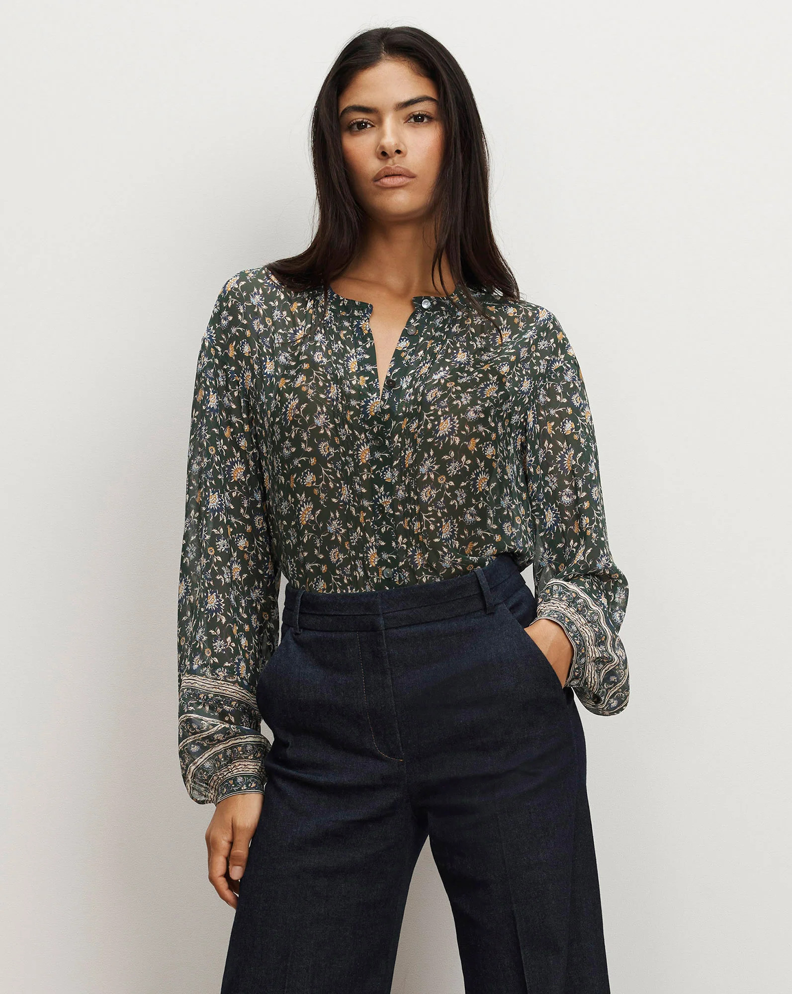 Lollie Floral Button-Down Blouse in Dark Hunter Green Multi | Veronica Beard | Veronica Beard
